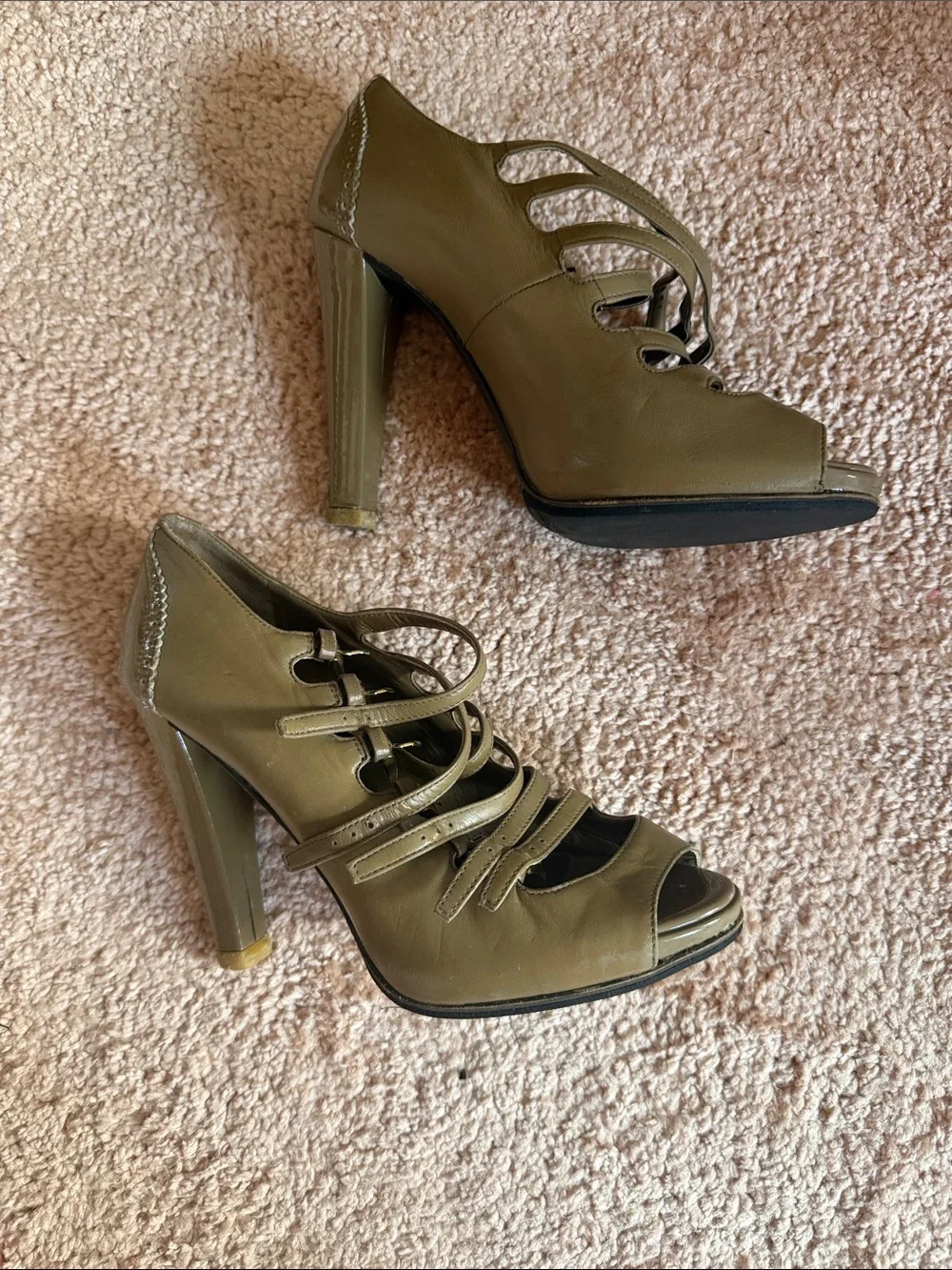 🧡Bally Cognac Multi-Strap Peep-Toe Heels